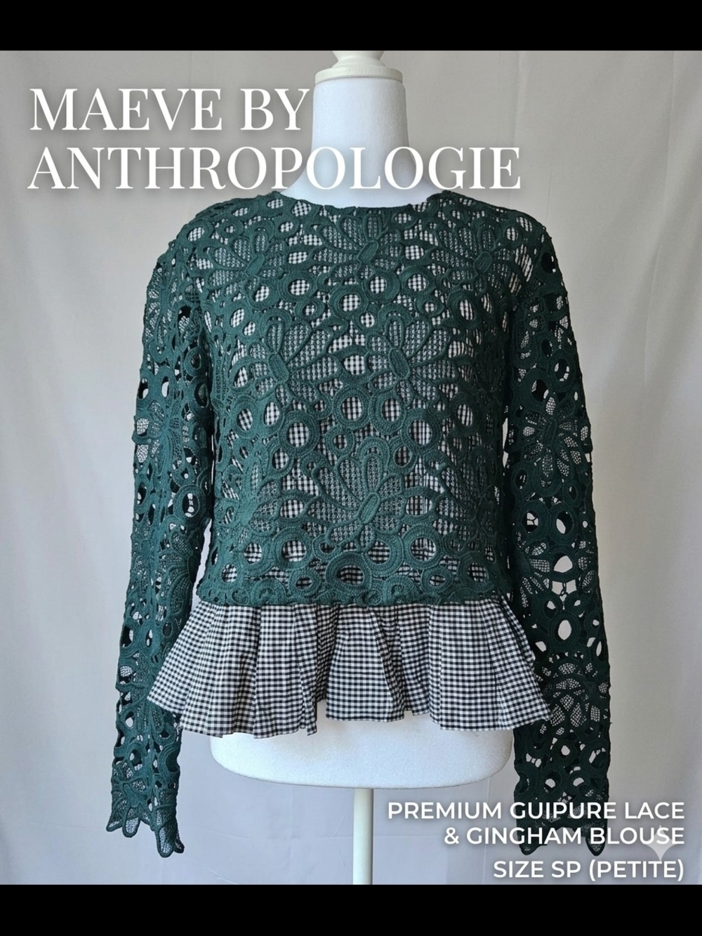 ​Maeve Anthropologie Dark Green Floral Guipure Lace & Gingham Peplum Blouse,Sz S